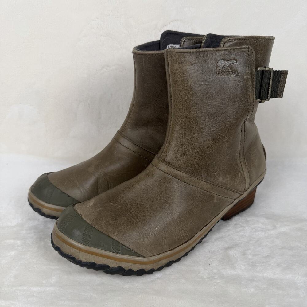 Sorel Women’s 10 Distressed Olive Green Leather Ankle Boots Rubber Toe